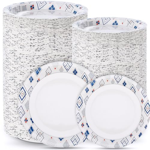 Maxcheck 300 Paper Plates Including 150 Pcs 9 Inch Heavy Duty Printed Disposable Plates and 150 Pcs 7 Inch Soak Proof Disposable Paper Plate for Everyday Use Family Gatherings Parties(Rhombus)