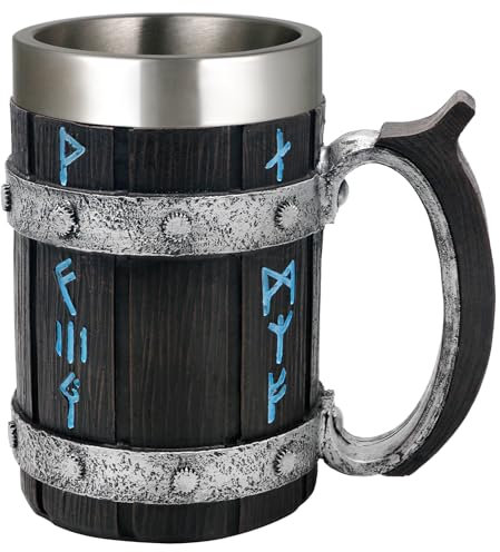 Viking Coffee Mug Gifts for Men - 21OZ Large Viking Rune Cup Wood Style Beer Stein with Handle, Stainless Steel Tankard Beer Mug, Antique gifts for Men Bar Restaurant Renaissance