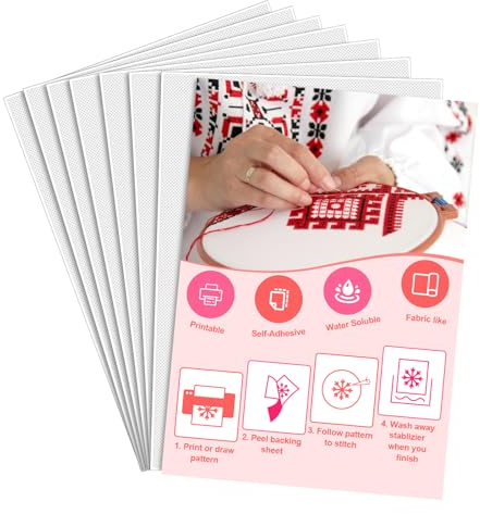 MXTIMWAN Stickvlies Wasserlöslich Selbstklebend, 8PCS A4 (29.7x21cm) Selbstklebende Wasserlösliche Stickvlies Bedruckbare Stickereipapier, für Drucken Handbemalt Bestickt