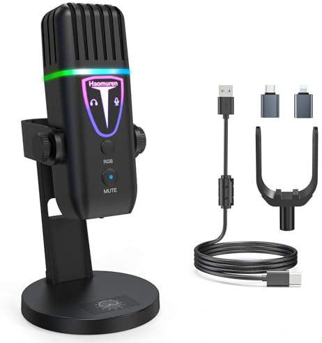 Haomuren Microphone USB pour iPhone, suppression du bruit pour PC, ordinateur de type C, contrôle de l'écho du volume RVB pour enregistrement ASMR, streaming PS4/5, Discord, Twitch, podcast, YouTube
