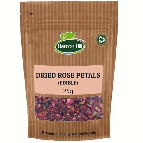 Dried Edible Rose Petals 25g by Hatton Hill | Pure, Red, Herbal Tea, Raw, DIY Body Care, Special Bath, Wedding Decoration and Potpourri, Perfect for Snack.