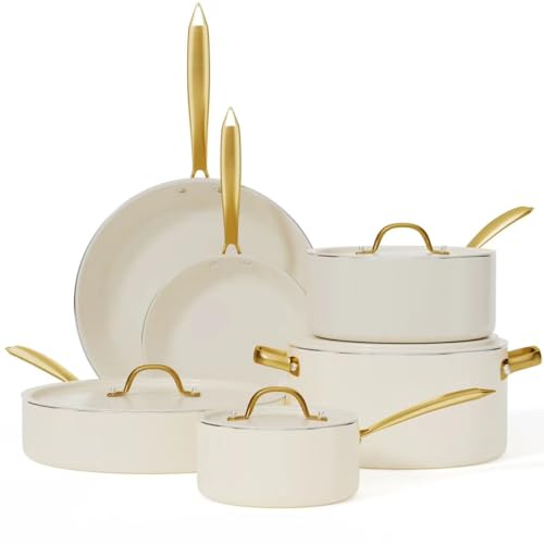 RIOVARM Induzione Set di pentole e padelle con coperchi, In ceramica Antiaderente Set di pentole con set di utensili da cucina, Set cucina essenziale Padella Pentola Padella per salse Spatole