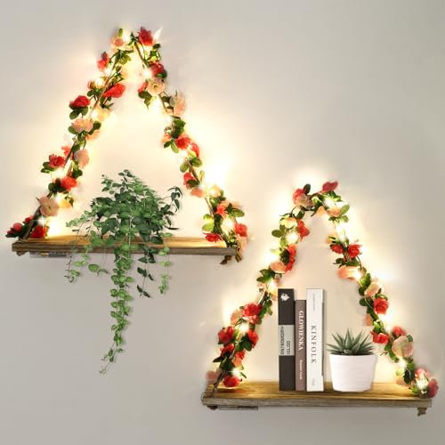 Dremisland 2PCS Xmas Macrame Hanging Shelves Artificial Flower LED-Strip Rustic Wood Floating Storage Shelf Display Plants Photos Boho Floating Shelves Wall Decor for Bedroom Living Room Kitchen