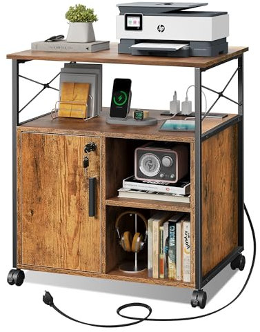 DEVAISE Mobile File Cabinet with Charging Station, Lockable Lateral for Home Office, Printer Cabinet Accommodates A4 Size File Folders, Rustic Brown