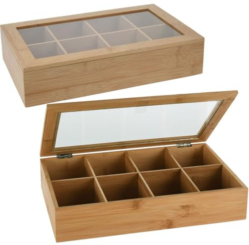 LS-LebenStil Holz Aufbewahrungsbox 8 Fächer 32x20cm durchsichtiger Deckel Teebox Teekiste Schmuckkiste Schmuckkasten Schmuckkästchen Organizer Aufbewahrung für Tee, Schmuck, Armbänder