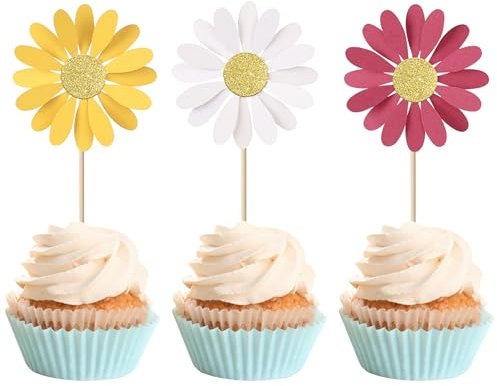 Lot de 24 décorations de cupcakes colorées à paillettes pour cupcakes - Fleurs sauvages - Chrysanthème - Pour fête prénatale, anniversaire, mariage