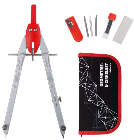 DynaTech Zirkel Geometrie-Set Rot 13-teilig inkl. Schnellverstellzirkel mit Federmäppchen, 2 Ersatzminen, Etui und Zubehör für Schule Uni und Büro