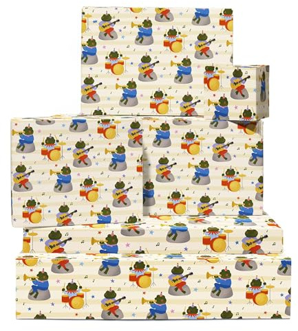 Beige Halloween Wrapping Paper - 6 Sheets with Frogs Playing Musical Instruments - Birthday Wrap for Boys, Girls & Music Fans - Christmas Festivities, School Events - by Central 23