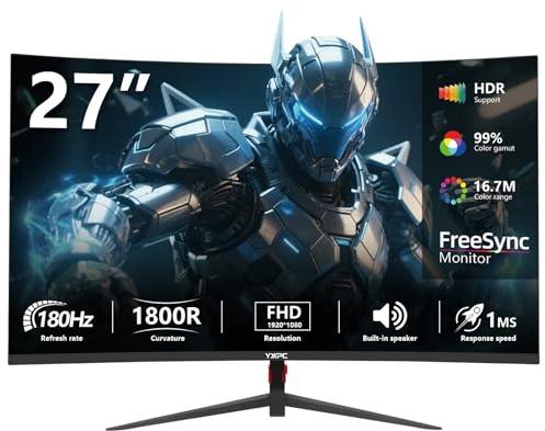 YXPC 27 Curved Gaming Monitor, 180Hz FHD 1080p, 1ms VA Display, 1800R, FreeSync Premium, Borderless Design, Eye-Caring, Built-in Speakers, HDMI/DisplayPort, Monitor