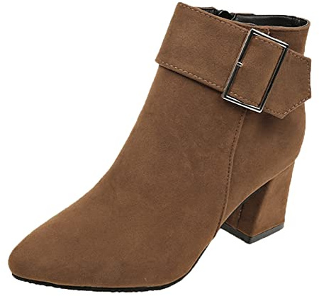 Women's Elegant Ankle Boots with Heel Suede Ankle Boots Women's Elegant Block Heel Suede Low Boots with Buckles Ankle Boots Slip-On Boots Lace Boots Women's Boots Winter Shoes, brown, 6 UK