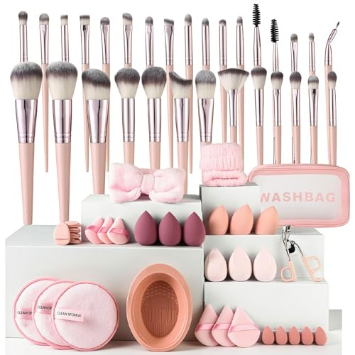 MaciRept Makeup Brushes Set Professional 64Pcs Pink Complete Collection,Synthetic Hair Foundation Powder Blush Concealers Eyeshadow Eyebrow Makeup Brushes with Brushes Set