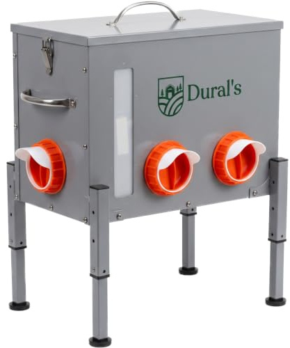 Dural's® Comedero Gallinas Anti Ratas Antipájaros 18 kg – Dispensador Automático de Pienso en Acero Galvanizado, 6 Puertos y Ventana de Nivel – Comedero para Gallinas Exterior Gallinero