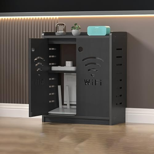 BAYTEWJX WiFi Scatola di Immagazzinaggio del Router Mobiletto Portaoggetti per Router Wi-Fi con Anta e Ripiani per Soggiorno e Ufficio.(Black,50x25x60cm)