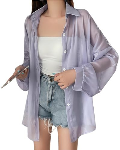 SamHeng Sun Protection Chiffon Shirt for Women, Summer Sunscreen Long Sleeve Button Down Blouse Sheer Pearlescent Cardigans Swimsuit Beach Cover Up Loose Breathable Going Out Top Casual Coat