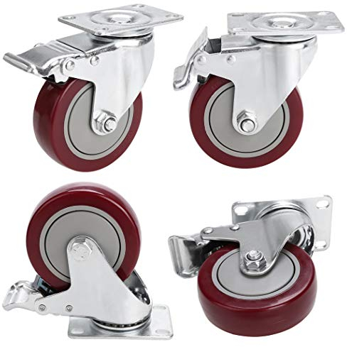 COOCHEER 4 Pcs Roulette Pivotante avec Frein, Lot de 4 Roulettes pour Meubles, Capacité de 400kg, Rouge