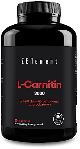 L-Carnitin 3000 mg – 180 Kapseln mit hoher Dosierung – Für einen aktiven Lebensstil – Vegane Kapseln, frei von Gluten, Laktose und Soja – Ergänzungsmittel für Sportler – Zenement