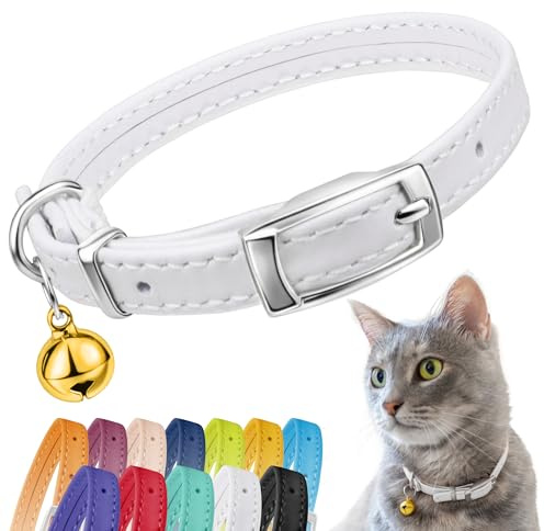 CollarDirect Collar de cuero para gato, collar de seguridad para gatos con correa elástica, collar de gatito para gato con campana, negro, azul, rojo, naranja, verde lima (cuello de 6 a 7 pulgadas