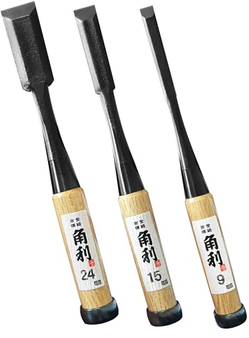 KAKURI Set di 3 scalpelli giapponesi per la lavorazione del legno, realizzati in Giappone, Nomi professionali per intagliare, mortasa, coda di rondine, rasoio in acciaio al carbonio giapponese, manico