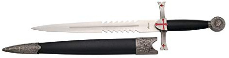 AMONT Dolch Templer S0210BK, Knopf mit nickelfarbenem frühem Ritterdesign, verbrennt nickelfarben mit roten Kreuzdetails, Scheide und schwarzem Griff, gesamt 40,5 cm
