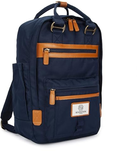 SEVENTEEN LONDON – Modern Urban Unisex Navy & Brown 'Wimbledon' Backpack in a Classic Slim Simple Design – Fits Laptop up to 13”