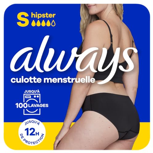 Always - Culotte Menstruelle Hipster Lavable, S, 38-40, 1 Sous-vêtement Pour Règles, Noir, Flux Moyen À Abondant, Réutilisable Jusqu’à 100 Lavages, Jusqu’à 12h De Protection, Confort Toute la Journée