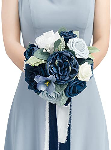 Ling's moment Artificial Flowers Navy Blue Bridesmaid Bouquet, Blue & White Wedding Flowers Bouquets for Bridesmaids, 7 Inch Bridal Bouquets for Bridesmaids, Wedding, Ceremony, Anniversary, etc