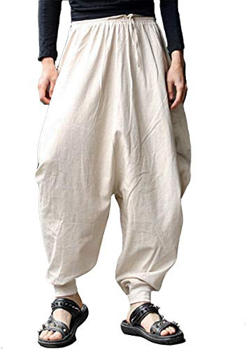 AITFINEISM Hombre Pantalones Harem Cómoda Cintura Elástica Moda Color Sólido Casuales Yoga Hippies (Beige, 3XL)