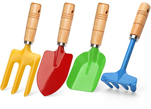Anzmtosn Kids Metal Garden Tool Set Sand Toy, Rake, Spade, Hoe and Leaf Rake, Beach Shovels Scoop Toy, Essential Toddler Sandbox Kit Beach Gear Accessories Outdoor Gardening, 4 Pack