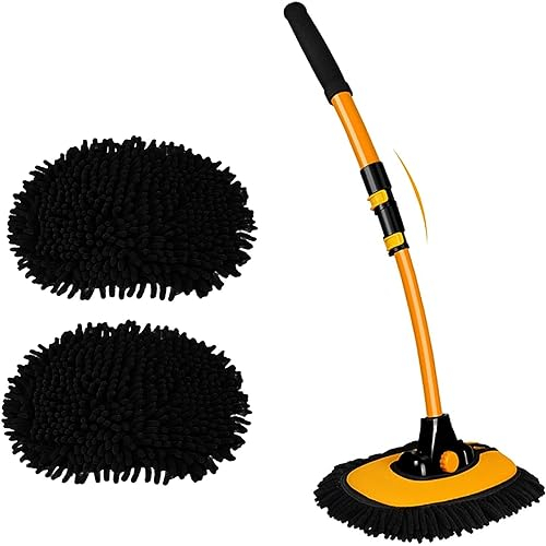 Car Cleaning Brush with Long Telescopic Handle 43 – 15° Curved Soft Chenille Head, Scratch-Free Duster Mop for Car Wash, Van, Truck, Caravan, Boat, RV – Aluminium Alloy Pole + 2 Wash Mitt Heads