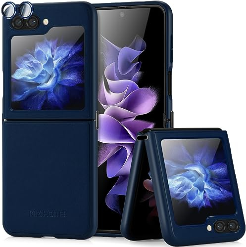 KEZiHOME Hülle für Galaxy Z Flip 5 Handyhülle, Echtleder Case mit [Flip5 Kamerafolie] [Display Schutzfolie] Metall-Scharnier Leicht Cover Stoßfeste Schutzhülle mit Samsung Z Flip 5 (Dunkelblau)