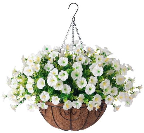Ivydale Artificial Fake Hanging Flowers Plants Baskets for Outdoor Spring Summer Decoration, Faux Silk White Morning Glory Look Real UV Resistant for Outside Porch Patio Balcony Yard Front Door Garden