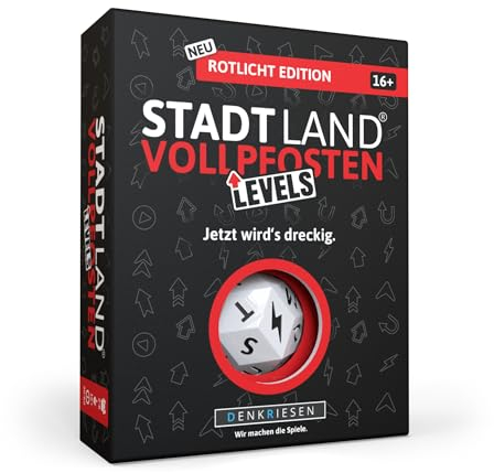DENKRIESEN - Stadt Land Vollpfosten® Levels – Rotlicht Edition - Jetzt wird's dreckig.' | 60 Karten | Blitzwürfel | ab 16 Jahren | ca. 30-60min | 2-6 Spieler | Party | Reisespiel | Stadt Land Fluss