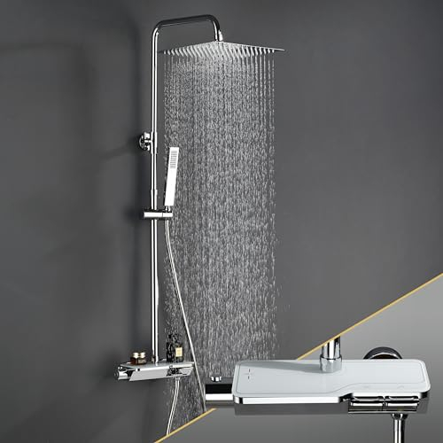 Görbach Regendusche Duschset mit Duscharmatur Komplettset, Edelstahl Duschsystem mit Thermostat, Überkopfbrause, Handbrause, Duschstange Chrom (2020CP)
