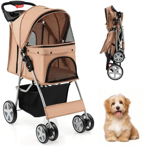 SOARS Hundebuggy, Hundewagen bis 15kg klappbar, Katzenwagen mit Netzfenstern & Getränkehalter & Aufbewahrungskorb, Haustier-Kinderwagen für kleine Haustiere (Beige)