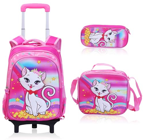 Hochwertiger Rosa Schulrucksack mit Rollen, Trolley-Schultasche für Mädchen mit Lunchtasche und Schreibwarentasche - Ideal für Schule, Uni, Reisen, Picknicks, 3-teiliges Set, 16 Zoll (Rosa)