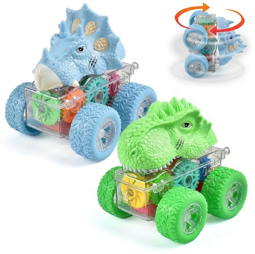 Dinosaur Toy Cars for Kids, 2 Pack Monster Trucks 360° Rotation Friction Powered Off-road Vehicles Inertia Toy Cars, Pull Back Cars with Light, Christmas Birthday Gifts for 3+ Years Old Boys Girls