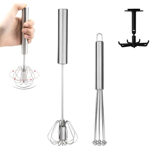 Set di Fruste da Cucina in Acciaio Inossidabile, 3 Pezzi Inclusi: Frusta Flessibile con Perline, Frusta Semiautomatica e 1pcs Gancio– Ideale per Mescolare Pastelle, Uova e Panna Montata