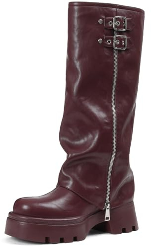 Kniehohe Stiefel für Damen, klobige Plateau-Sohle, bequem, Leder, runde Zehenpartie, Gothic, Moto-Kampfkleid, Stiefel für Damen, Weinrot, 39 EU