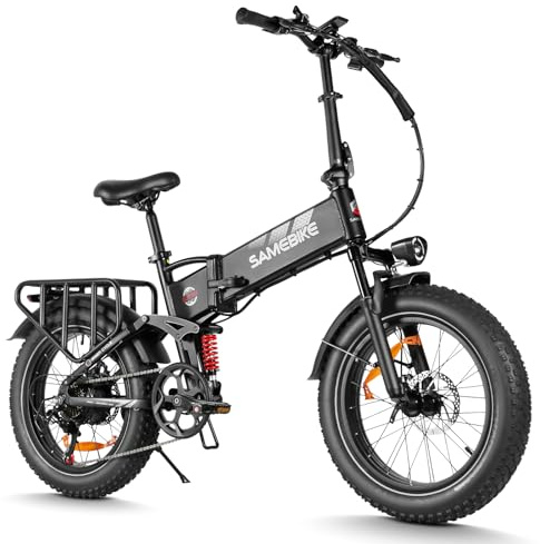 SAMEBIKE Folding electric bicycle for Adults, Fat Tires 20×4.0 mountain E-bike with 48V 15AH Removable Battery, 7-Speed Gear, PAS Max Range 100 KM, Off-road Bike with Dual Suspension