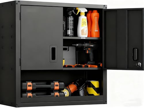 GarveeTech Garage Wall Cabinet with Adjustable Shelf, Heavy Duty Steel Garage Locker with Lockable Magnetic Doors, Wall Mounted Tool Cabinet for Warehouse Home Office Kitchen, Easy Assembly, Black