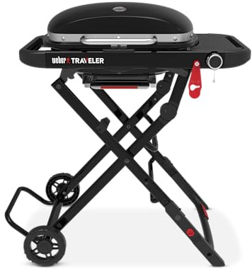 Weber Traveler Compact Barbecue a Gas (2026) / Design Pieghevole Portatile con Ruote, bloccaggio Automatico del Coperchio e termometro, 1 bruciatore, Larghezza 81 cm, griglia 52 × 36 cm, Nero