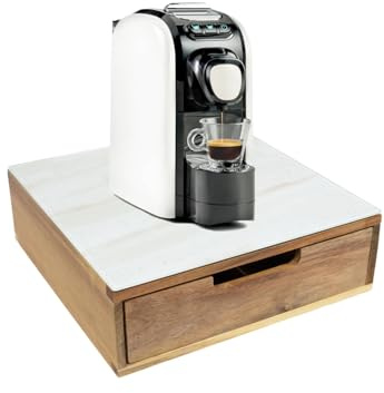 OWIJI Portacapsule Bambù con Cassetto Ripiano Vetro Effetto Marmo Chiaro Scomparti Caffè Organizzatore 56 Capsule Capacità Contenitore Cialde Tisana Tè Bustine Zucchero Bicchierini 30 x 30 x 9,7 cm
