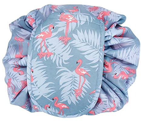 INTIRILIFE Kosmetiktasche in GRAU ROSA Flamingo - 62 x 54 cm - Runder One Step Kulturbeutel mit Kordelzug zum Zusammenziehen mit 2 inneren Reißverschlussfächern zur Aufbewahrung von Make-Up etc.