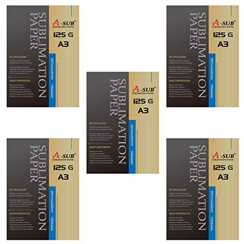 A-SUB Papier de sublimation A3, 297x420 mm, 500 feuilles, 125 g/m², compatible avec les imprimantes à sublimation EPSON, SAWGRASS, RICOH, BROTHER