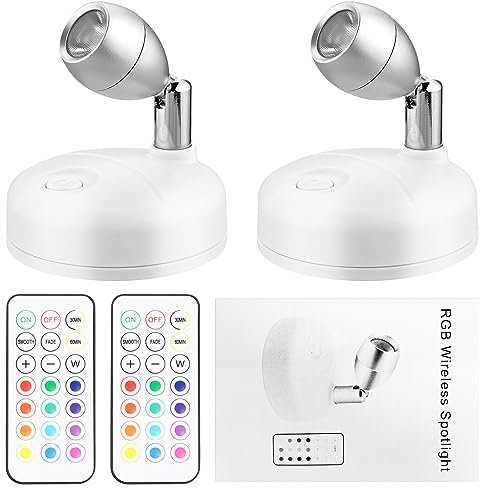 Justech 2PCs RGB LED Spotlights Wireless Ceiling Lights Battery Operated Ceiling Spotlight Adjustable Spotlight Head withRemote Control for Pictures Painting Closet
