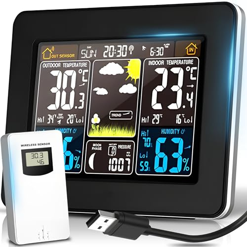 Retoo Wetterstation Funk mit Außensensor, Funkwetterstation mit Wettervorhersage, Wetterstationen Innen und Außentemperatur, Funkthermometer mit Aussensensor Thermometer Hygrometer Barometer Schwarz