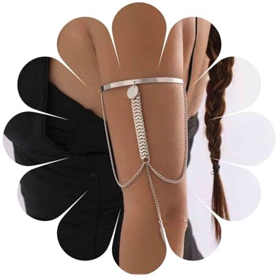 Inateannal Punk-Armspange Oberarm-Armband Silberblatt-Uhrenkette Quasten-Armreifen Offener Armreif-Armband-Schmuck für Frauen Mädchen