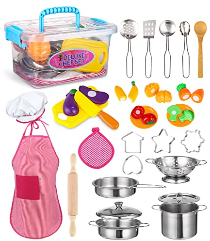 Kinderküche Spielküche Zubehör, Kinder Küchenspielzeug Lebensmittel Spielküche Edelstahl Pfannenset, Mit Schürze und Kochmütze, Küchenzubehör Holz für Kinder Jungen Mädchen