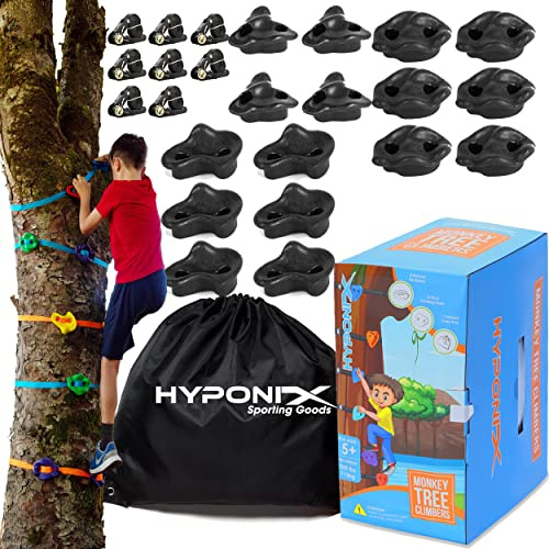 Hyponix Ninja Tree Climbing Kit – 16 Large Rock Holds & 8 Ratchets, 10-Minute Setup, Thicker Textured Grips, Supports 250lbs, CPC Certified Safety, Portable Bag – Backyard Fun & Ideal Gift for Kids