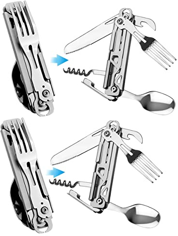 HONZIN Posate pieghevoli multifunzionali 5 in 1, Stoviglie per utensili da campeggio all'aperto, set di posate portatili in acciaio inossidabile per viaggi, con custodia con coulisse (2 confezioni)